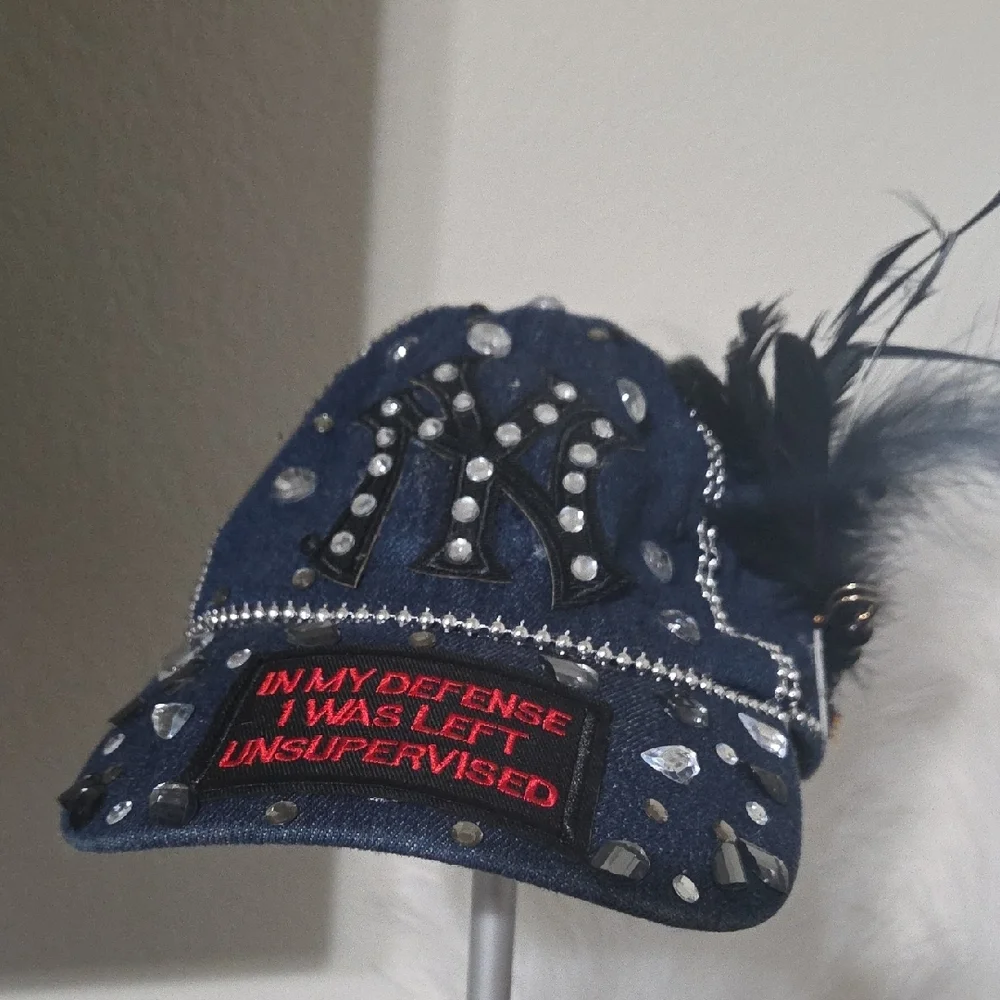 Stylish Blue NYC with Feather and Rhinestones